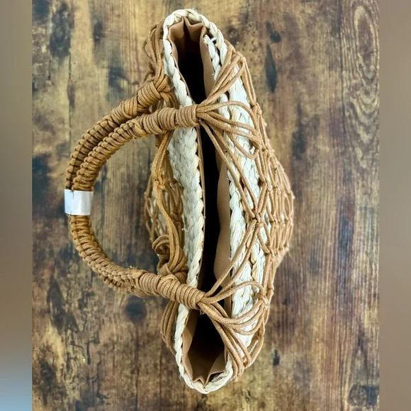 NEW Forever 21 Woven Medium Clutch Small Bucket/Basket Bag Tan Cream Brown - Picture 3 of 6